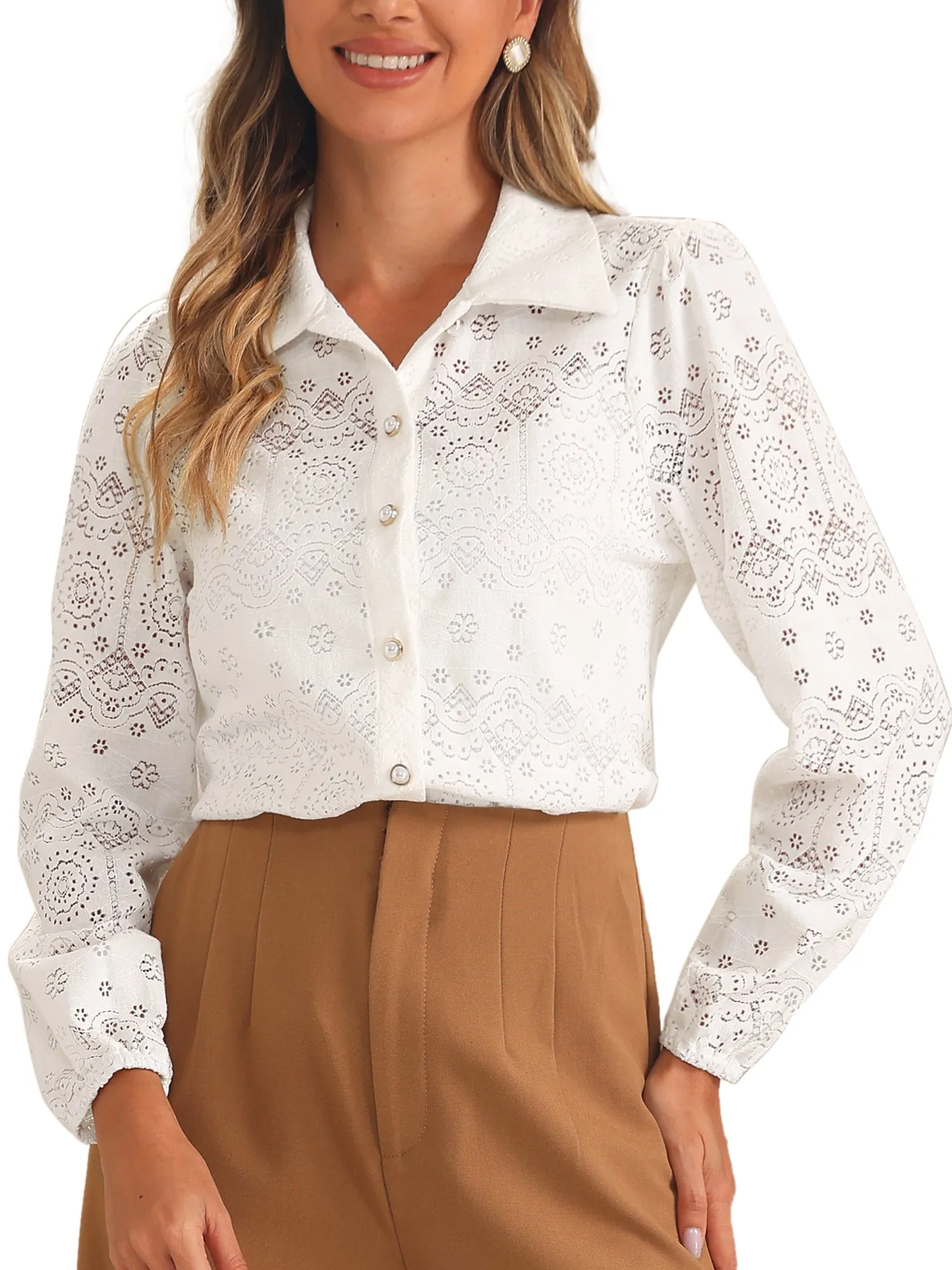 Eyelet Sheer Boho Button Down Puff Sleeves Shirts sold by Allegra K product image thumbnail 4