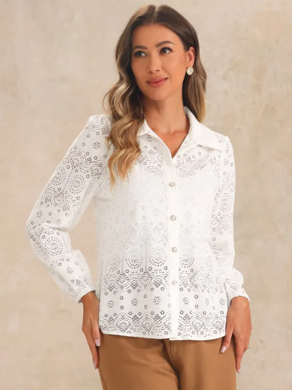 Eyelet Sheer Boho Button Down Puff Sleeves Shirts sold by Allegra K