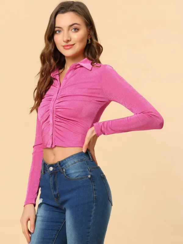 Y2K Button Down Lapel Long Sleeve Solid Crop Top Ruched Shirt sold by Allegra K
