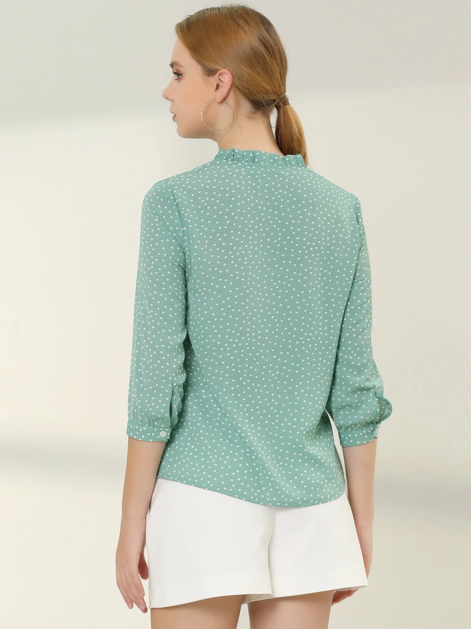 Polka Dots Smocked Ruffle Mock Neck Office Shirt Blouse sold by Allegra K product image thumbnail 5