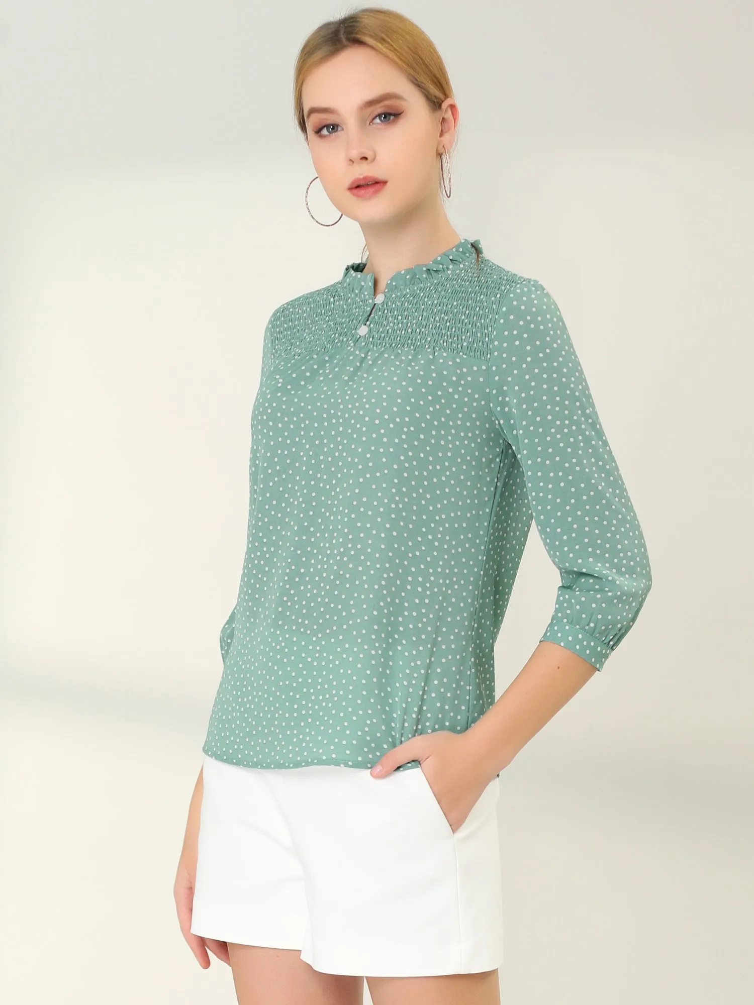Polka Dots Smocked Ruffle Mock Neck Office Shirt Blouse sold by Allegra K product image thumbnail 4