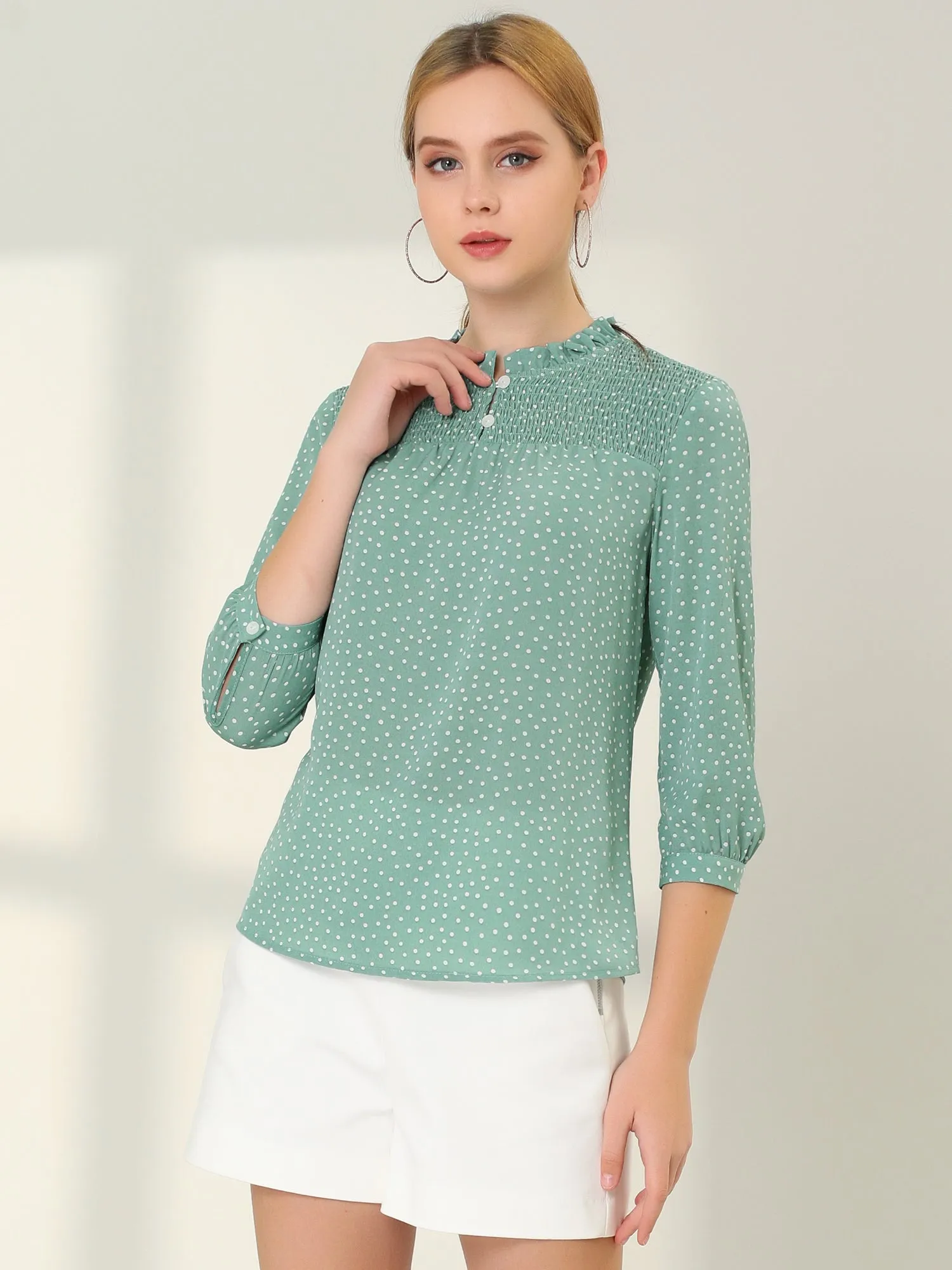 Polka Dots Smocked Ruffle Mock Neck Office Shirt Blouse sold by Allegra K product image thumbnail 3
