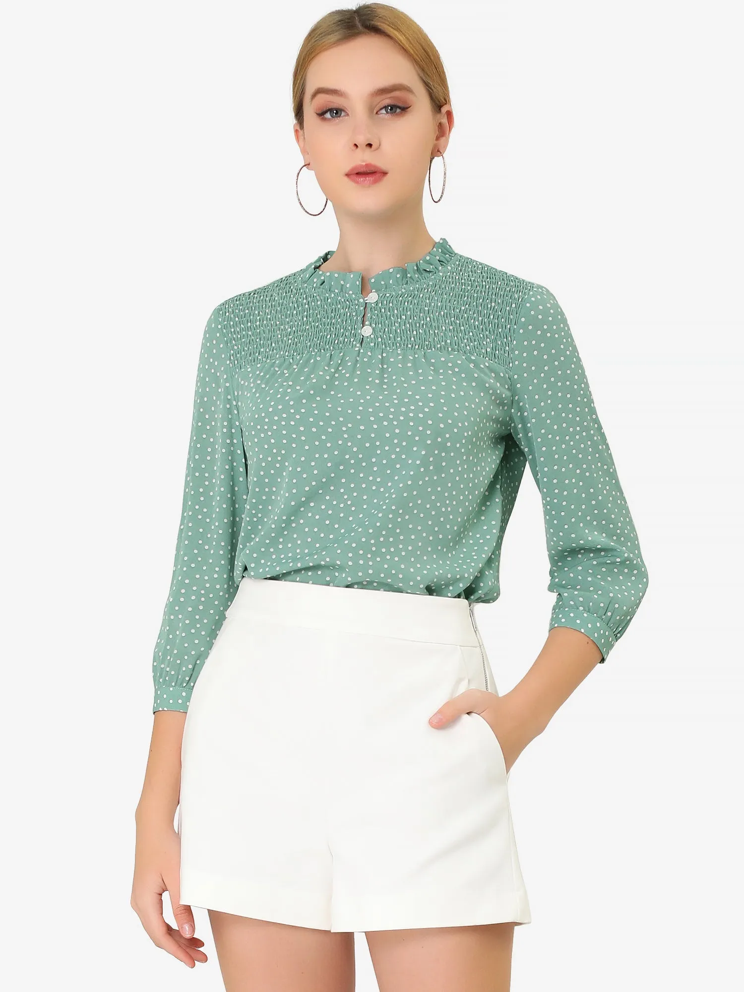 Polka Dots Smocked Ruffle Mock Neck Office Shirt Blouse sold by Allegra K