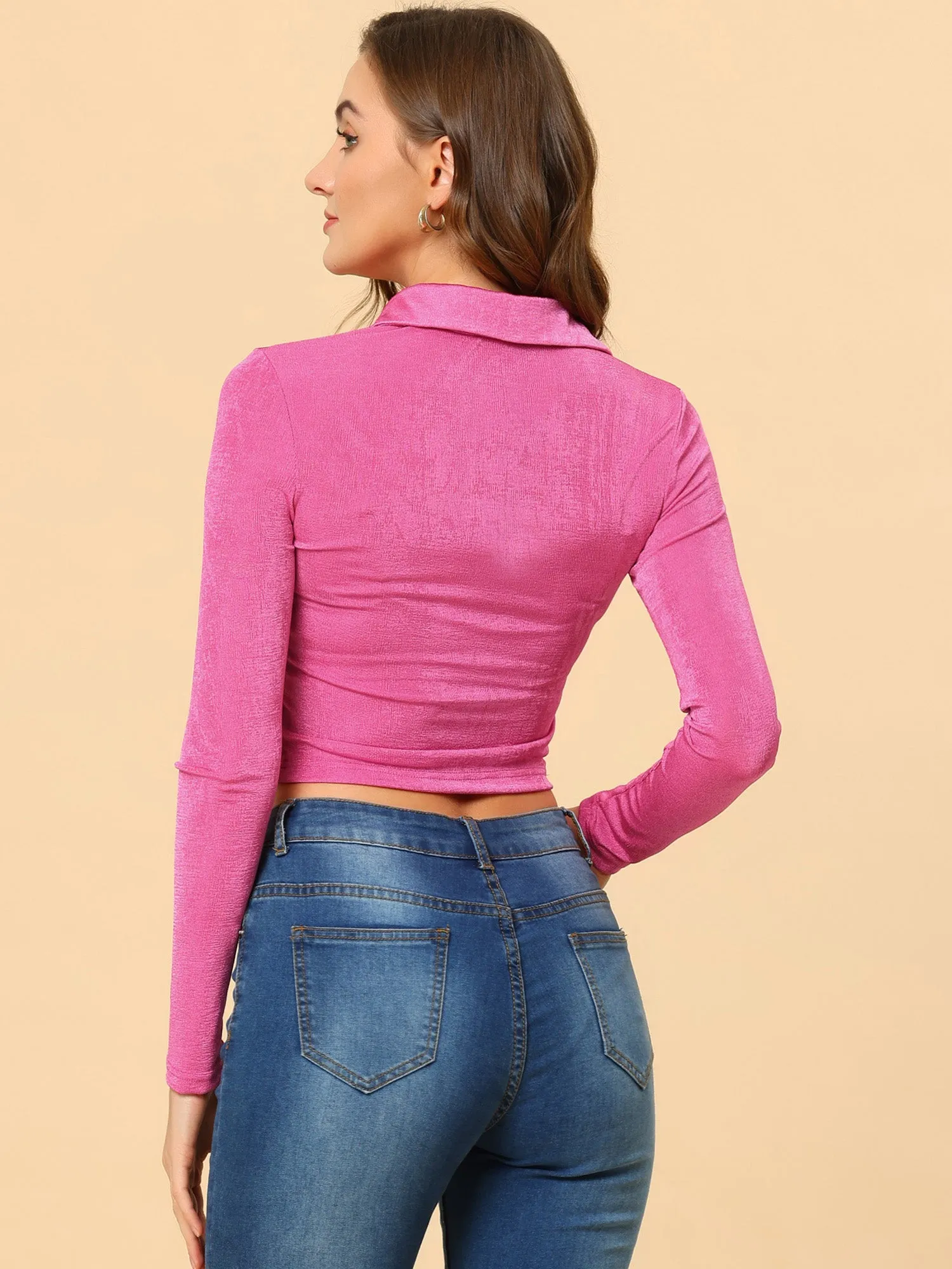 Y2K Button Down Lapel Long Sleeve Solid Crop Top Ruched Shirt sold by Allegra K product image thumbnail 3