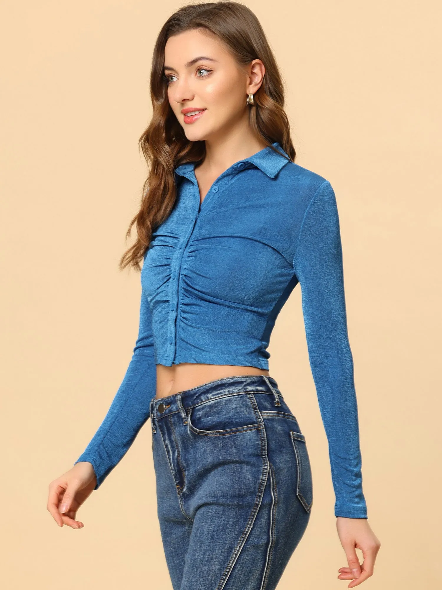 Y2K Button Down Lapel Long Sleeve Solid Crop Top Ruched Shirt sold by Allegra K product image thumbnail 5