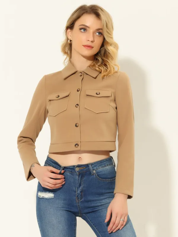 Button Front Long Sleeve Crop Jacket Coat sold by Allegra K