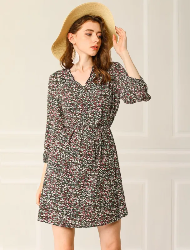 Summer Casual V Neck 3/4 Lantern Sleeve Floral Dress sold by Allegra K