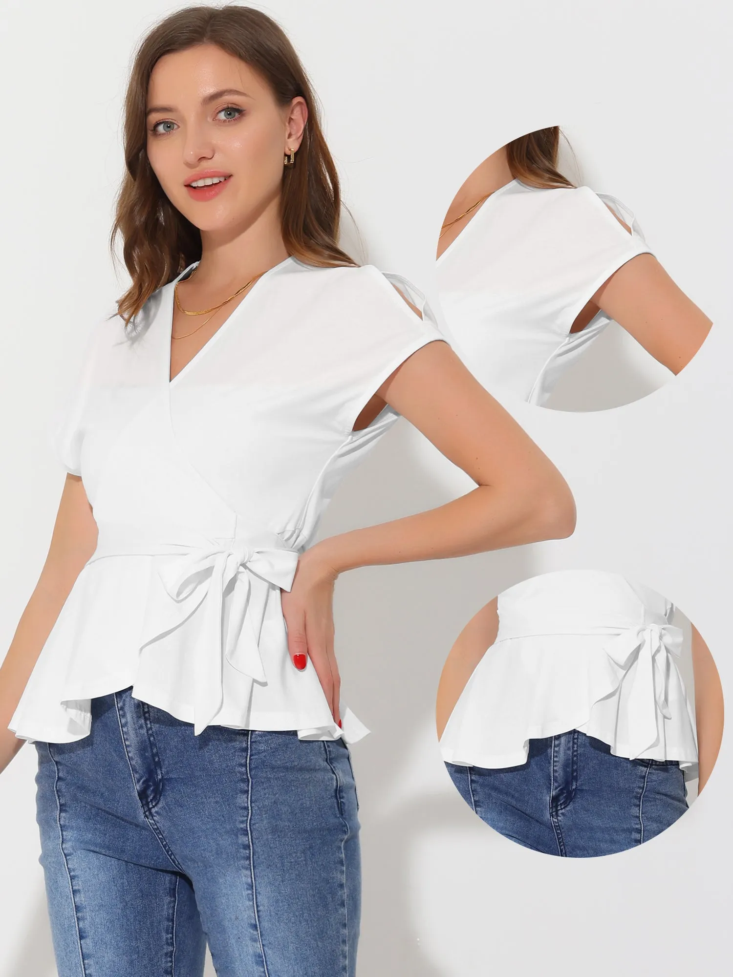 Summer Casual V Neck Slit Sleeve Wrap Peplum Blouse sold by Allegra K product image thumbnail 2