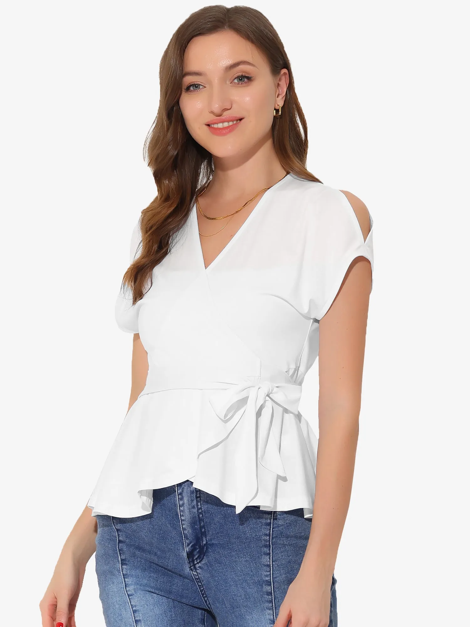 Summer Casual V Neck Slit Sleeve Wrap Peplum Blouse sold by Allegra K