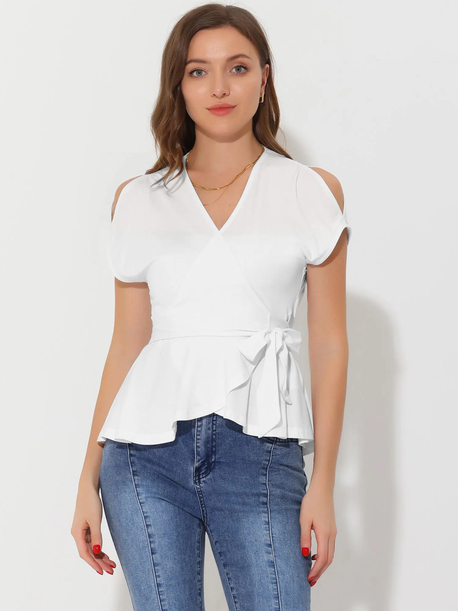 Summer Casual V Neck Slit Sleeve Wrap Peplum Blouse sold by Allegra K product image thumbnail 5