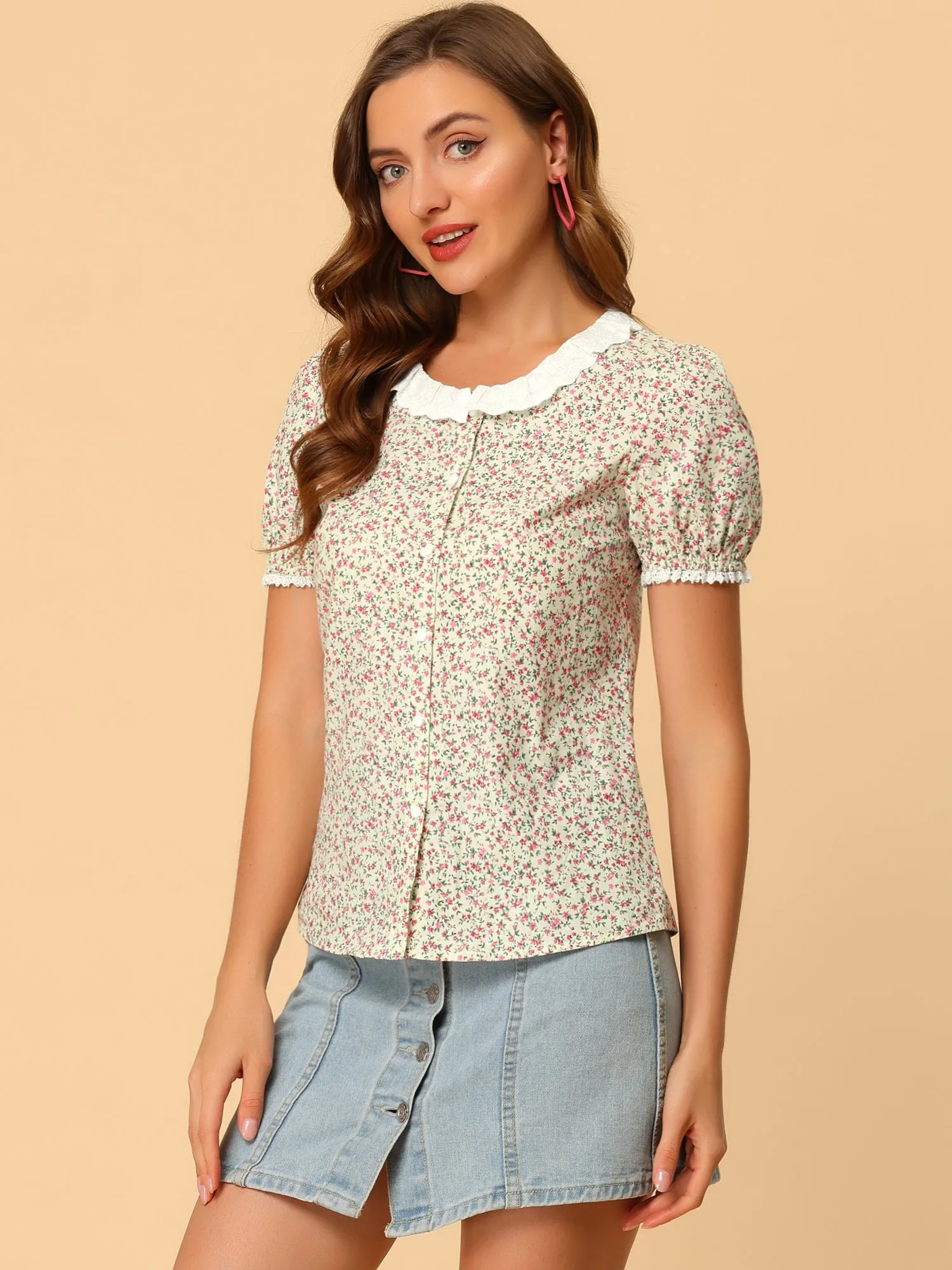 Floral Embroidered Ruffle Neck Puff Sleeve Peasant Shirt Top sold by Allegra K product image thumbnail 3