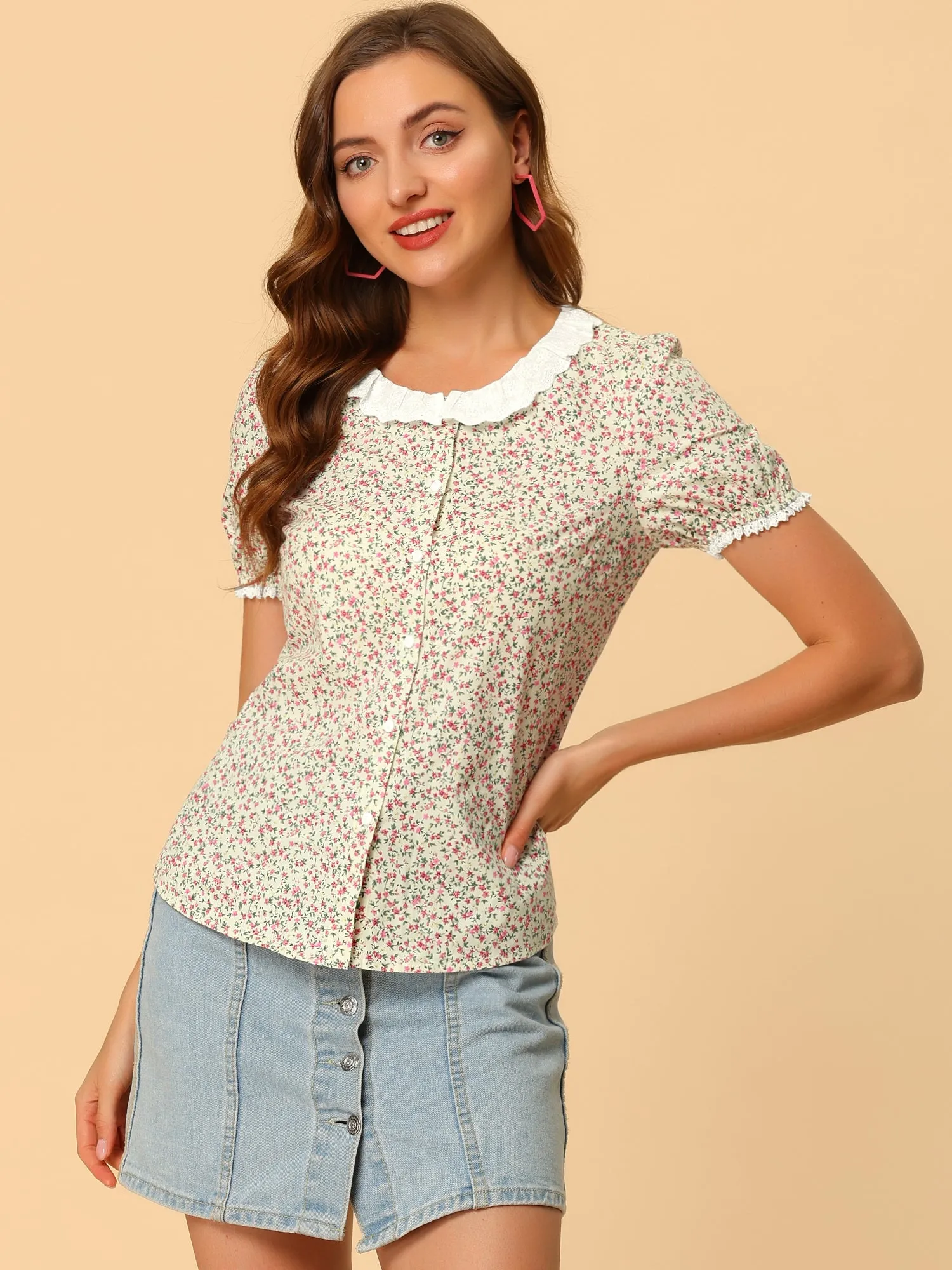 Floral Embroidered Ruffle Neck Puff Sleeve Peasant Shirt Top sold by Allegra K