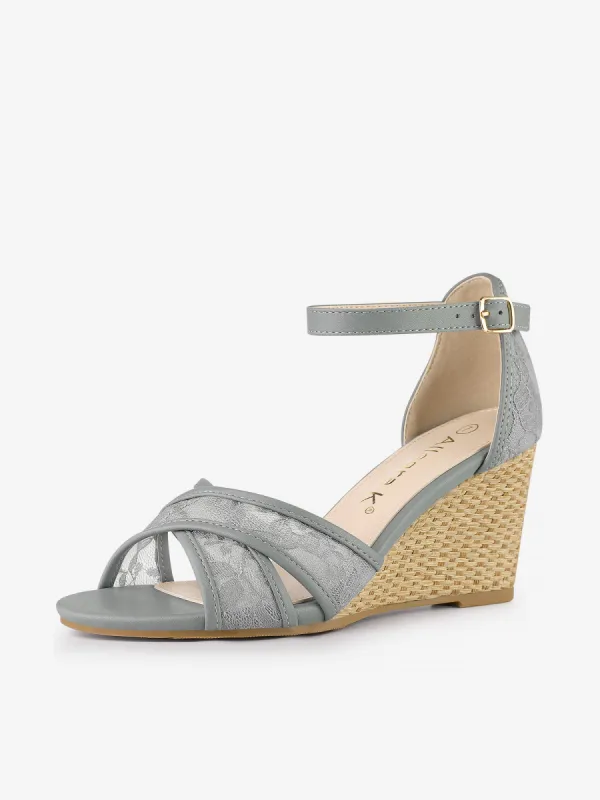 Elegant Open Toe Floral Lace Mesh Wedge Heel Sandals sold by Allegra K