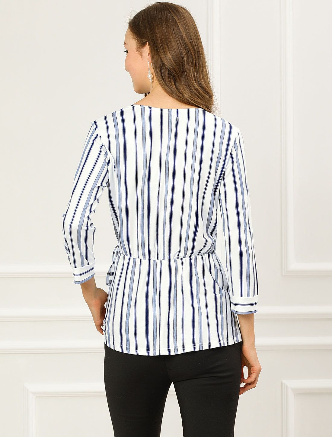 Striped Work 3/4 Sleeve V Neck Peplum Top sold by Allegra K product image thumbnail 4