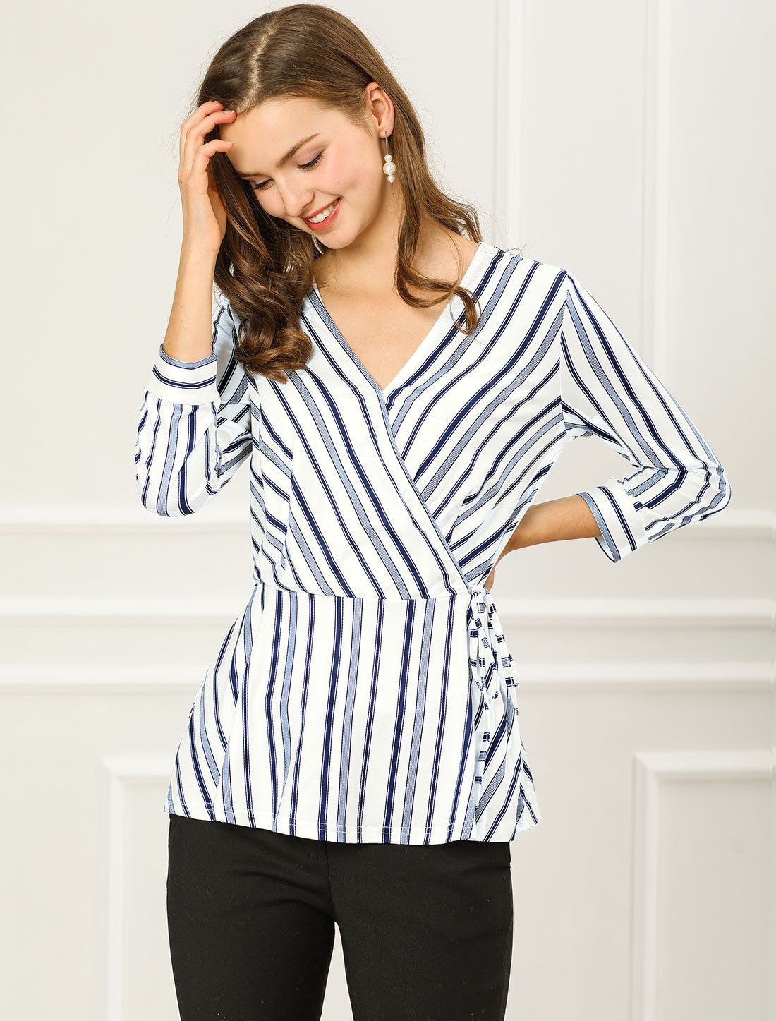 Striped Work 3/4 Sleeve V Neck Peplum Top sold by Allegra K product image thumbnail 2
