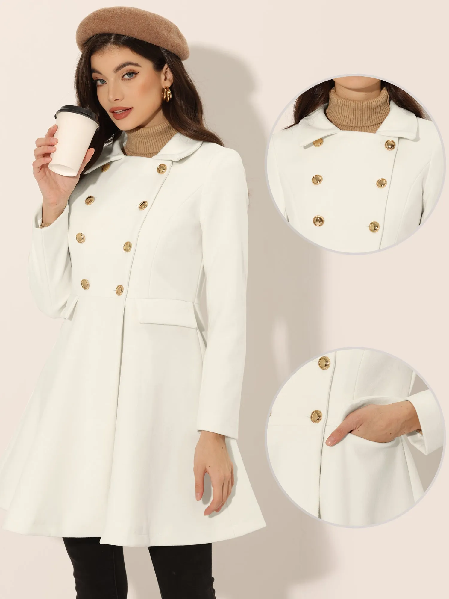 Lapel Pocket Flap Double Breasted Outwear Swing Winter Coat sold by Allegra K product image thumbnail 2