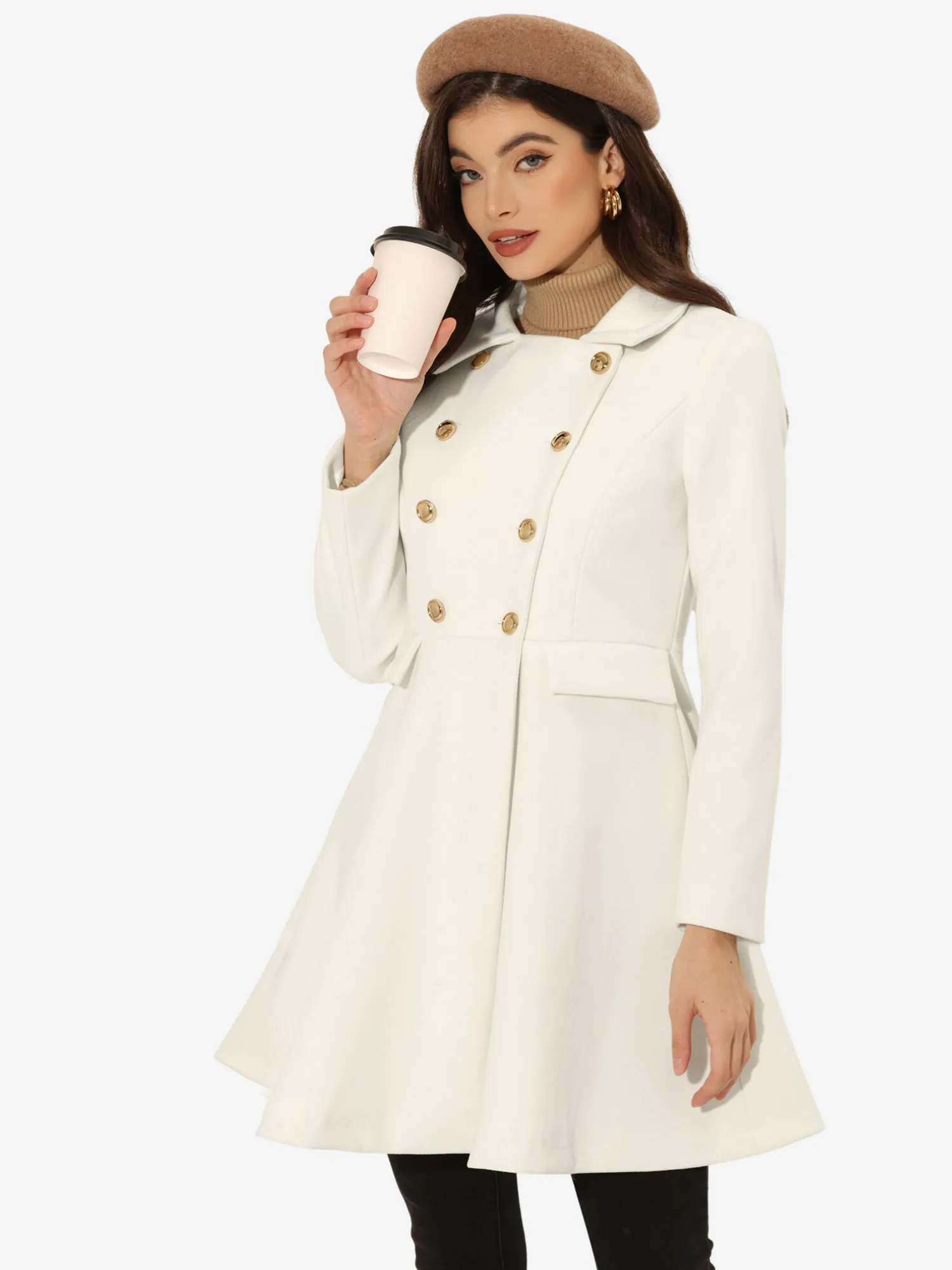 Lapel Pocket Flap Double Breasted Outwear Swing Winter Coat sold by Allegra K