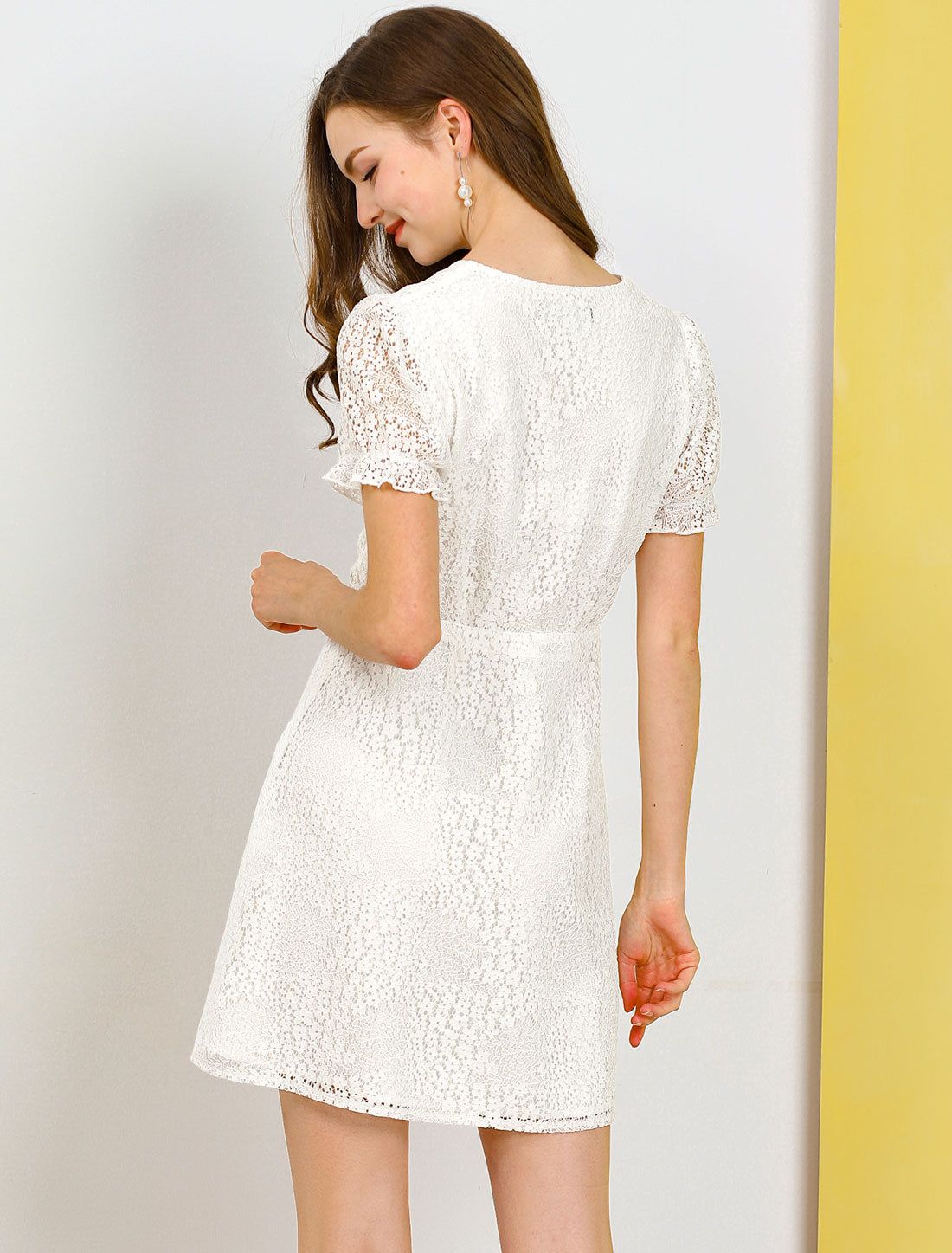 Lace Floral V Neck Puff Sleeves Elegant Cocktail A-Line Dress sold by Allegra K product image thumbnail 4