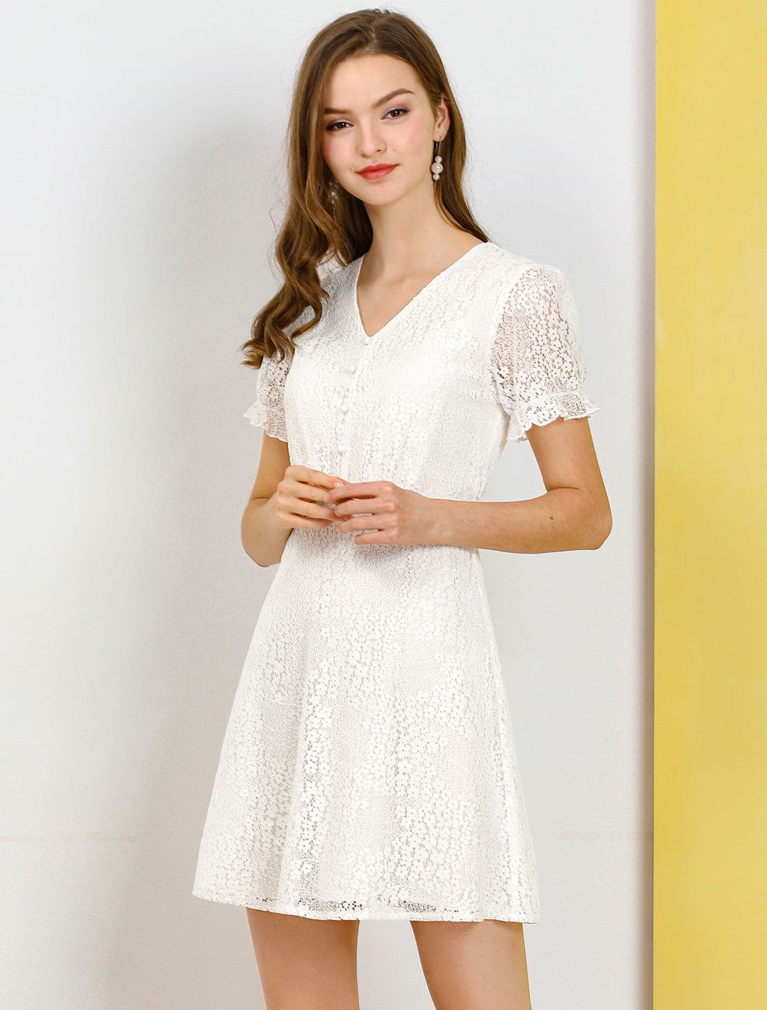 Lace Floral V Neck Puff Sleeves Elegant Cocktail A-Line Dress sold by Allegra K product image thumbnail 2