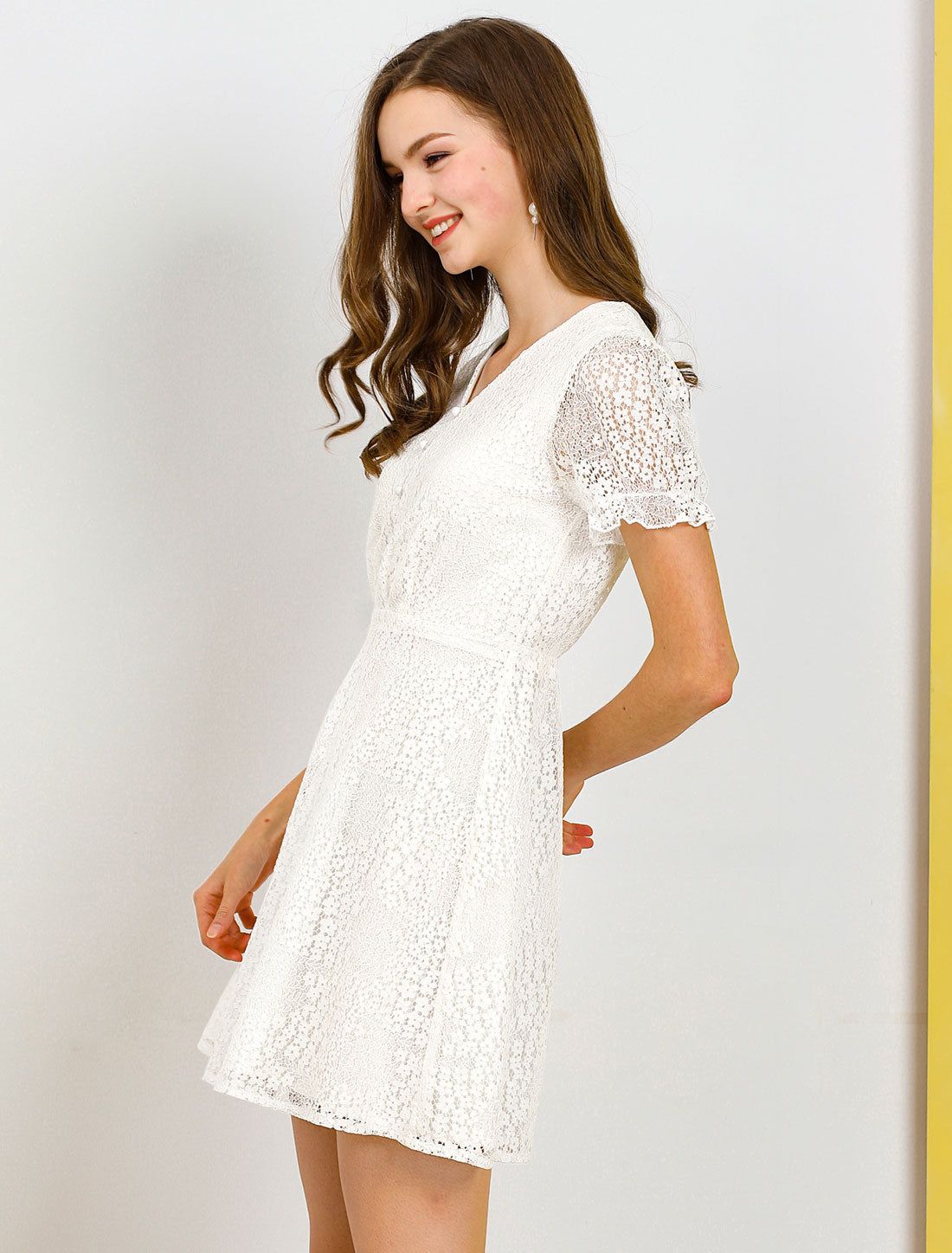 Lace Floral V Neck Puff Sleeves Elegant Cocktail A-Line Dress sold by Allegra K product image thumbnail 3