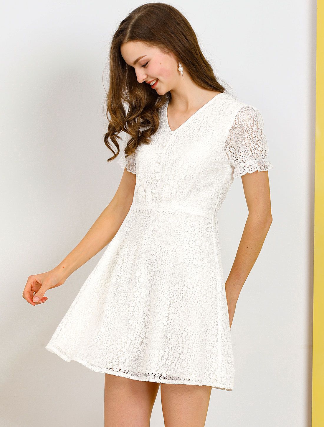 Lace Floral V Neck Puff Sleeves Elegant Cocktail A-Line Dress sold by Allegra K