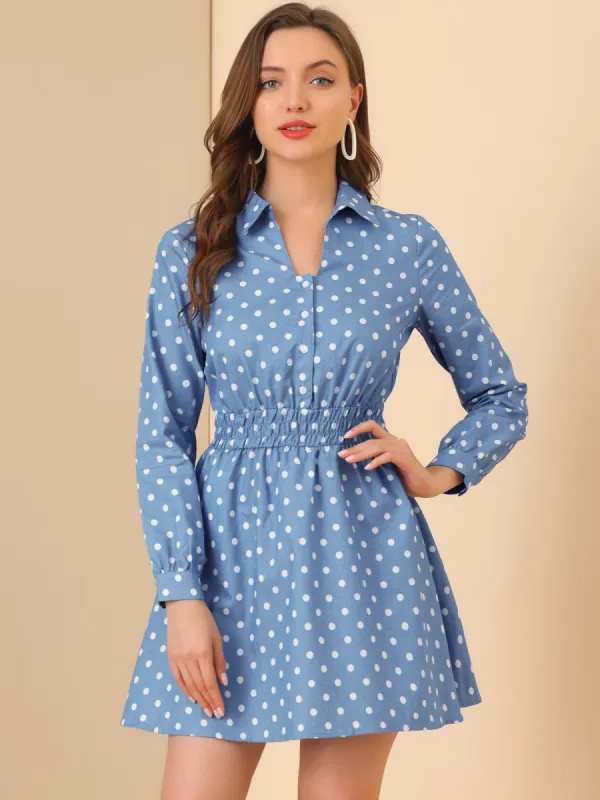 Chambray Shirtdress Smocked Waist Collard Polka Dot Dress sold by Allegra K