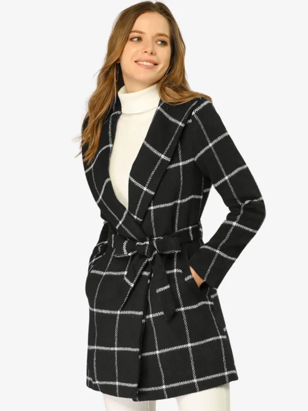 Shawl Collar Check Belted Wrap Plaid Coat with Pockets sold by Allegra K