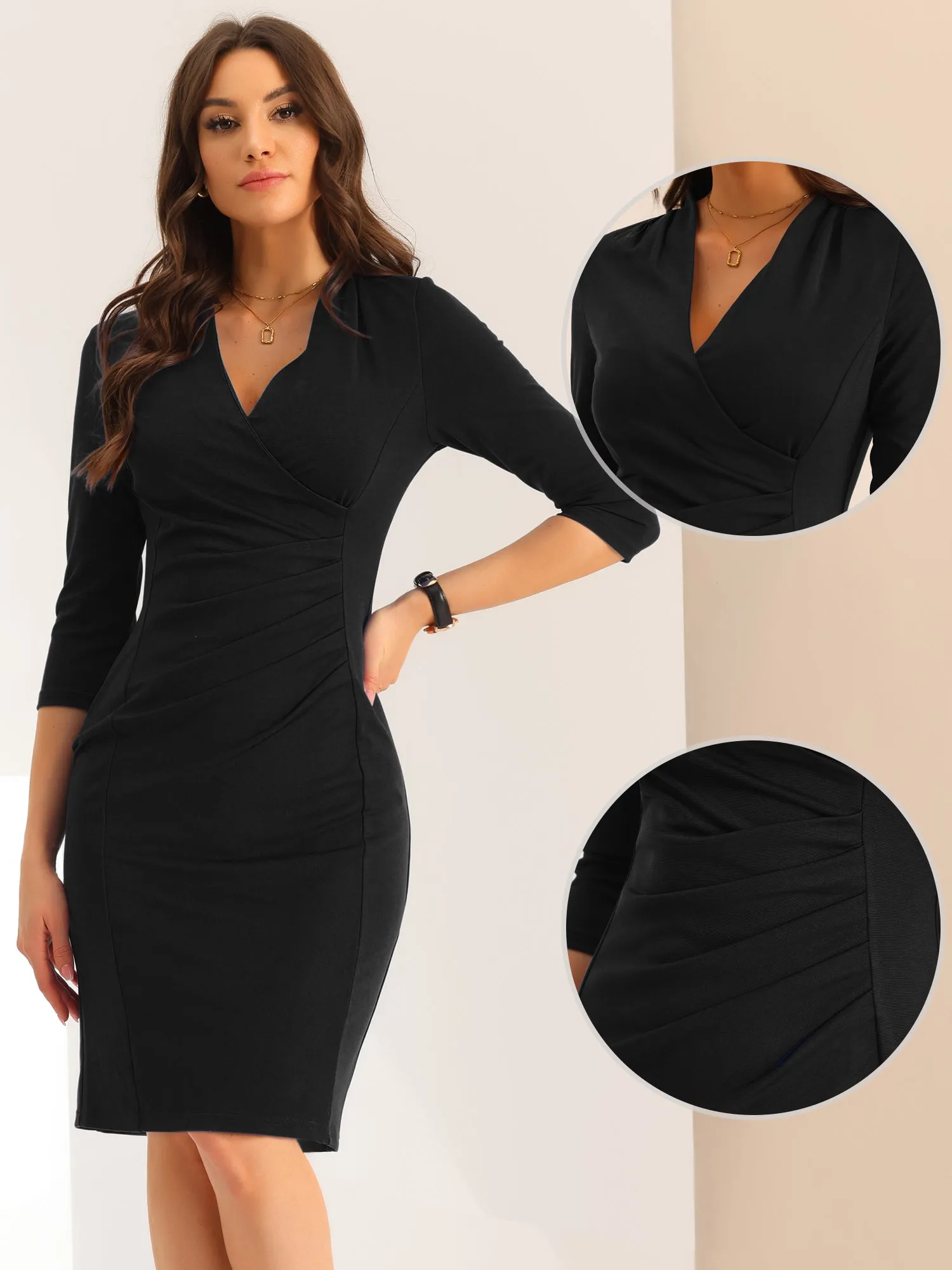 Half Sleeve V Neck Ruched Office Work Sheath Formal Midi Dress sold by Allegra K product image thumbnail 2