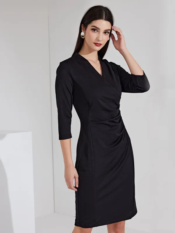 Half Sleeve V Neck Ruched Office Work Sheath Formal Midi Dress sold by Allegra K