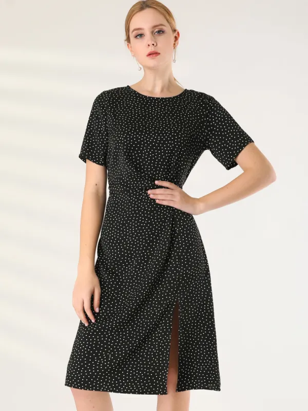 Polka Dots Short Sleeve Slit Front Casual Office Midi Dress sold by Allegra K