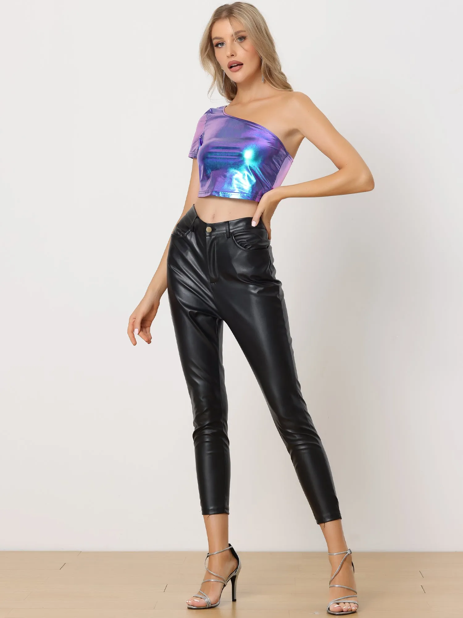 One Shoulder Shinny Holographic Clubwear Party Metallic Crop Top sold by Allegra K product image thumbnail 4