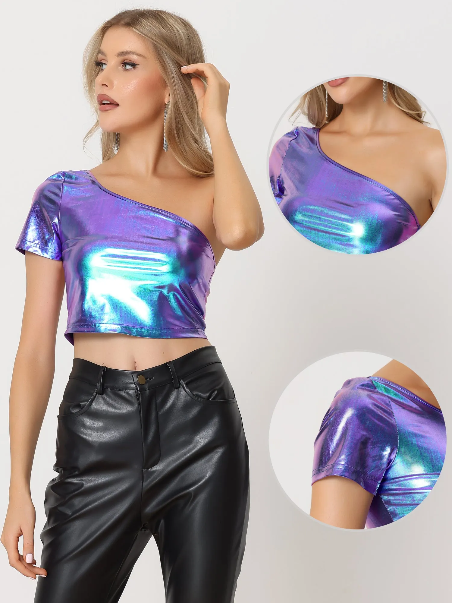 One Shoulder Shinny Holographic Clubwear Party Metallic Crop Top sold by Allegra K product image thumbnail 2