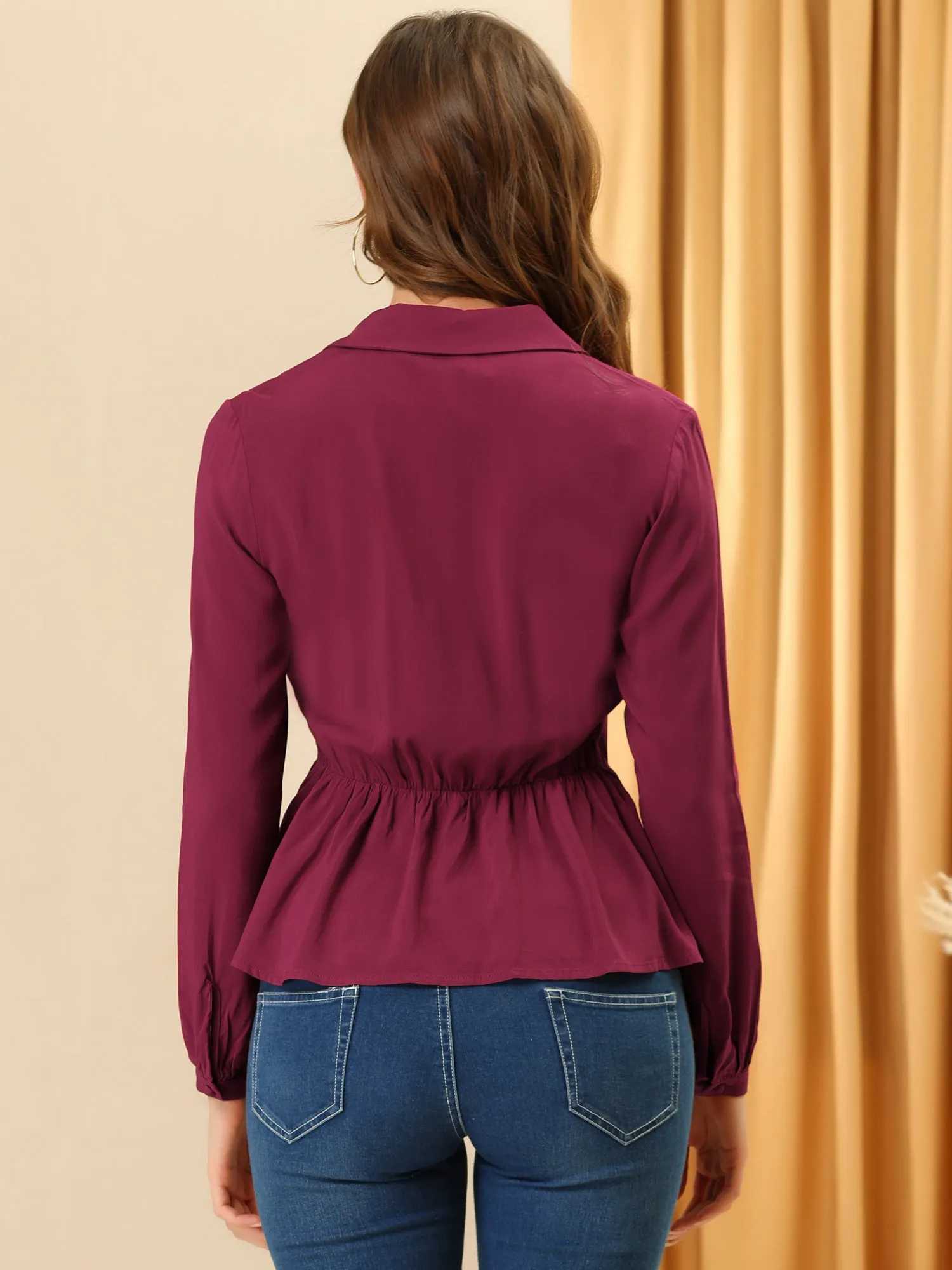 Peplum Button Self-Tie V Neck Ruffle Long Sleeve Blouse sold by Allegra K product image thumbnail 5