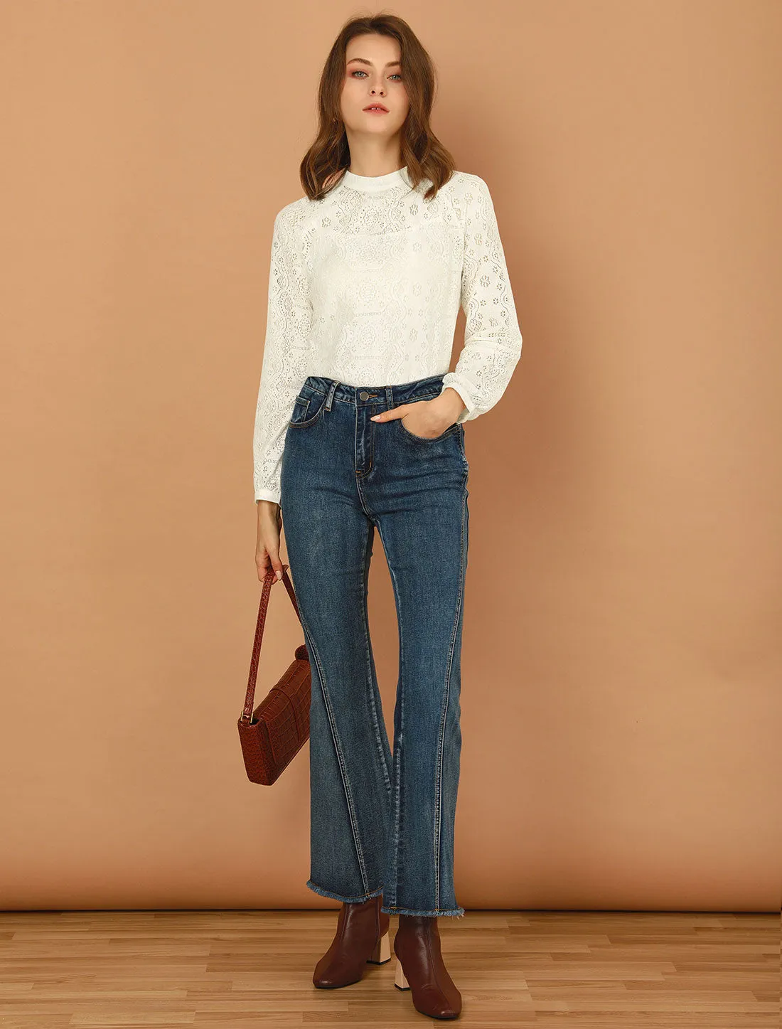 Lace Long Sleeve Floral Vintage Stand Collar Eyelet Blouse sold by Allegra K