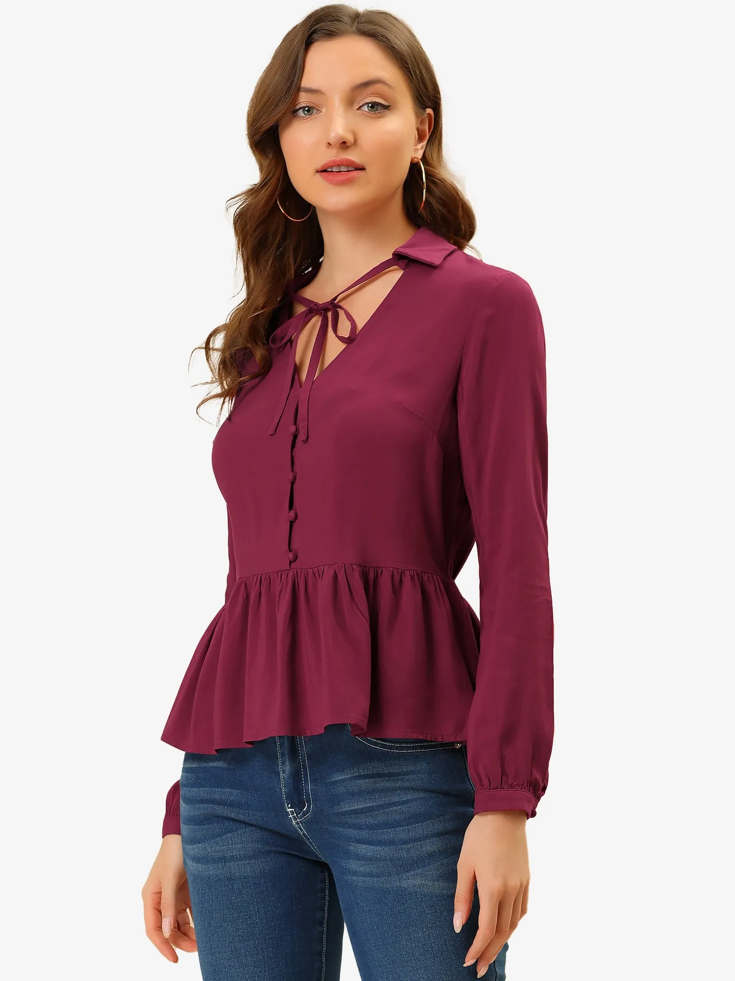 Peplum Button Self-Tie V Neck Ruffle Long Sleeve Blouse sold by Allegra K