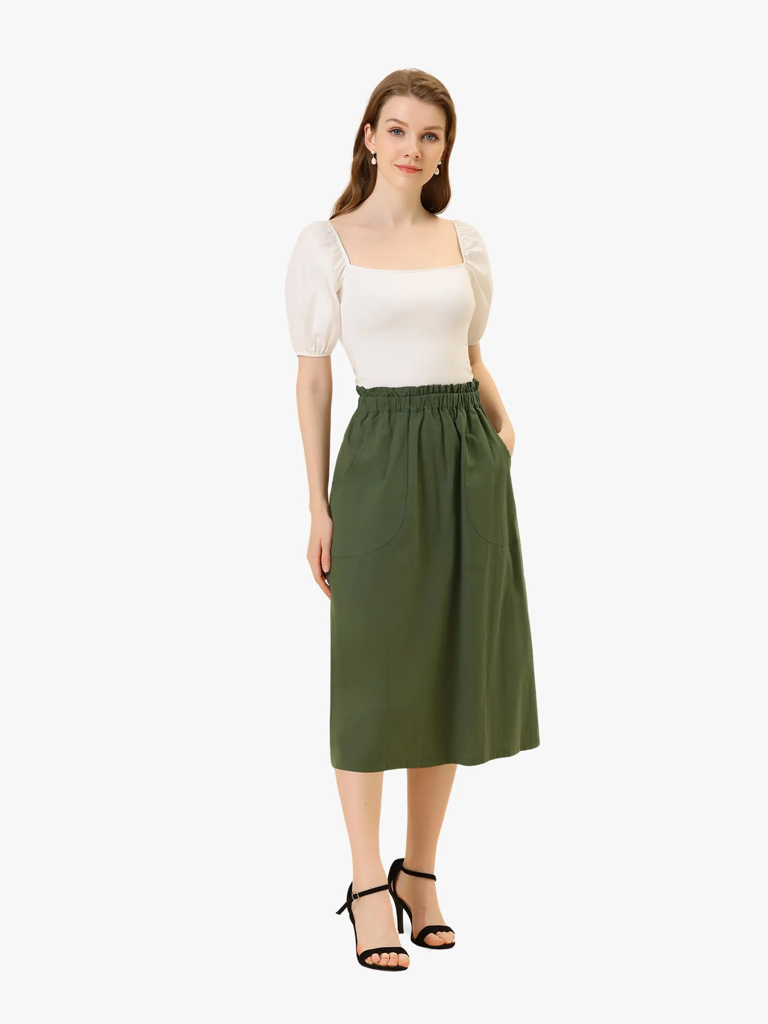 Casual Cotton Elastic Waist Scrub Peasant A-Line Midi Skirt sold by Allegra K