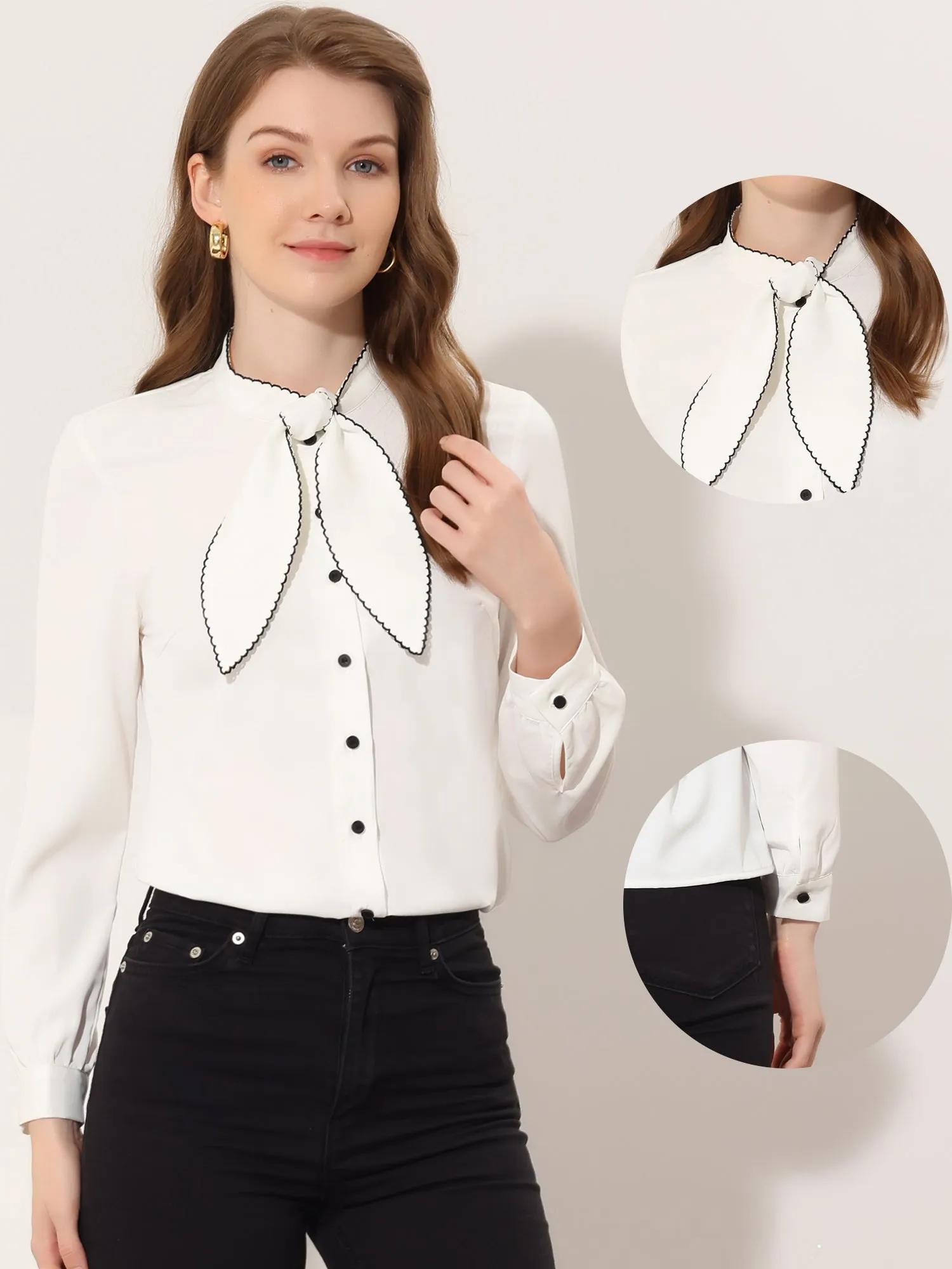 Bow Tie Neck Elegant Long Sleeve Button Down Blouse sold by Allegra K product image thumbnail 2