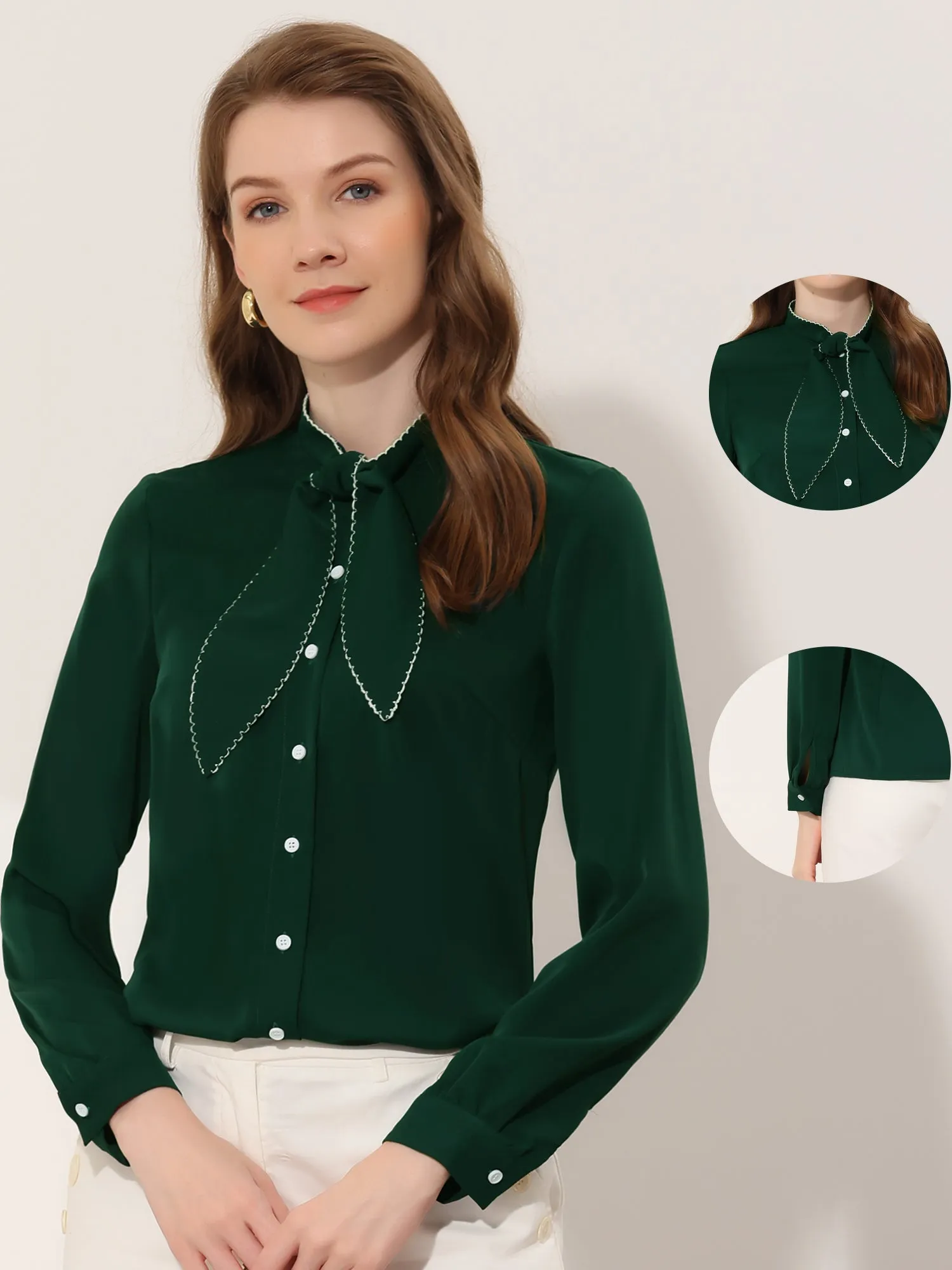 Bow Tie Neck Elegant Long Sleeve Button Down Blouse sold by Allegra K product image thumbnail 5