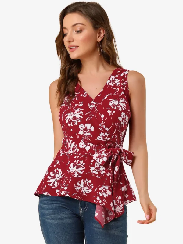 Sleeveless V Neck Tie Waist Asymmetric Hem Floral Peplum Top sold by Allegra K
