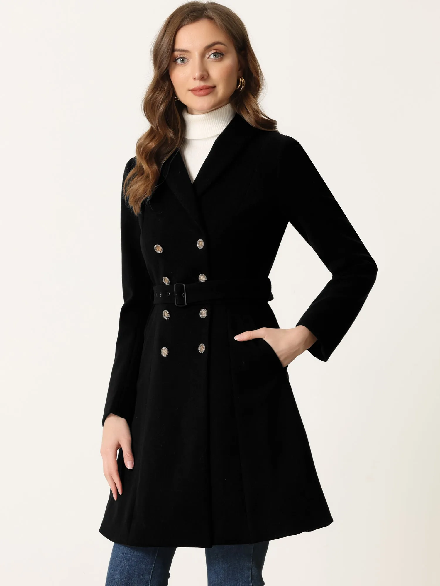Double Breasted Winter Coat Flat Collar Belted Pockets sold by Allegra K product image thumbnail 4