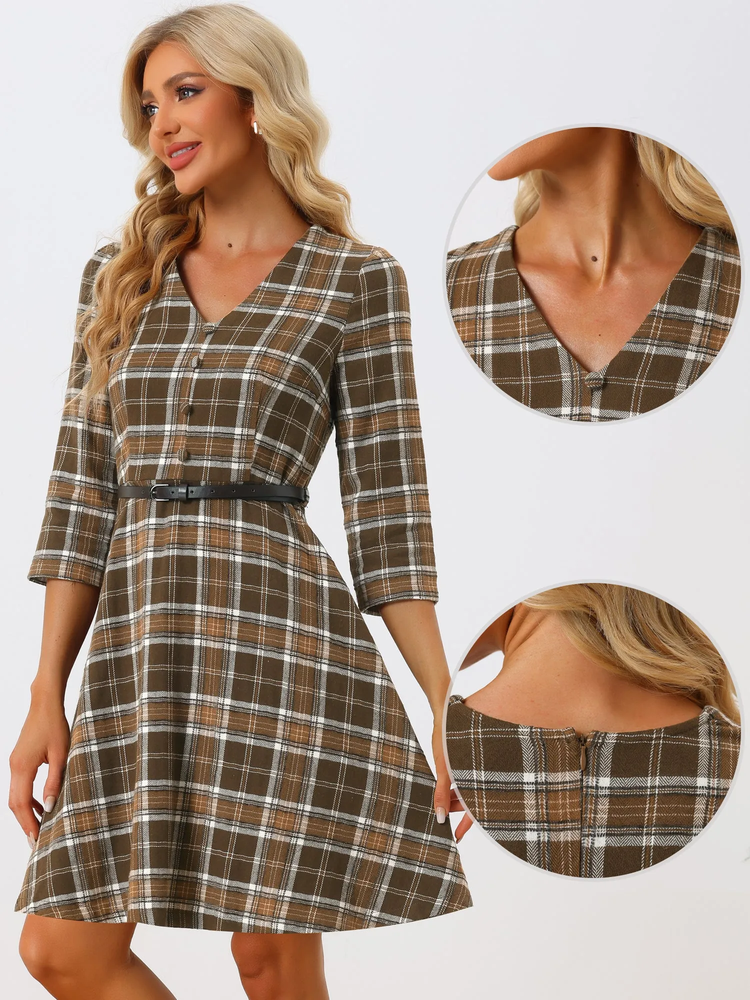 Retro Plaid V Neck 3/4 Sleeve Button Decor Belted A-Line Dress sold by Allegra K product image thumbnail 2
