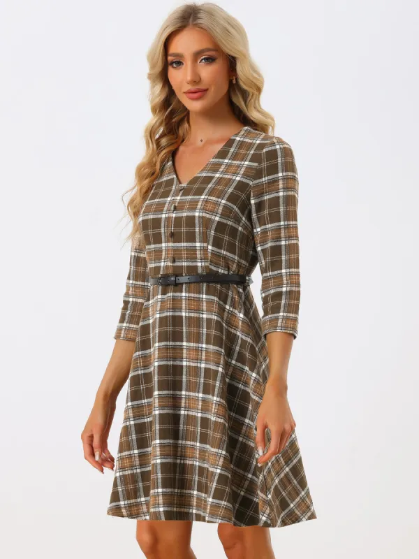 Retro Plaid V Neck 3/4 Sleeve Button Decor Belted A-Line Dress sold by Allegra K