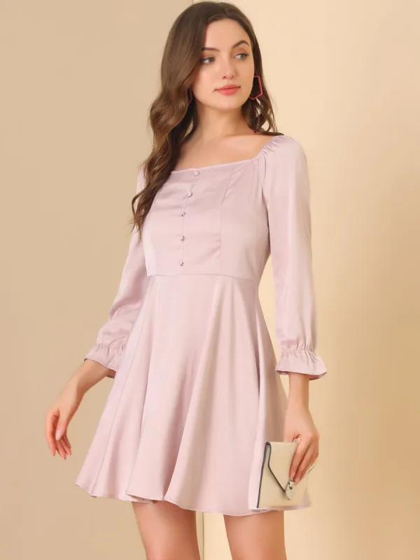 Satin Mini Square Neck Long Sleeve Fit and Flare Dress sold by Allegra K