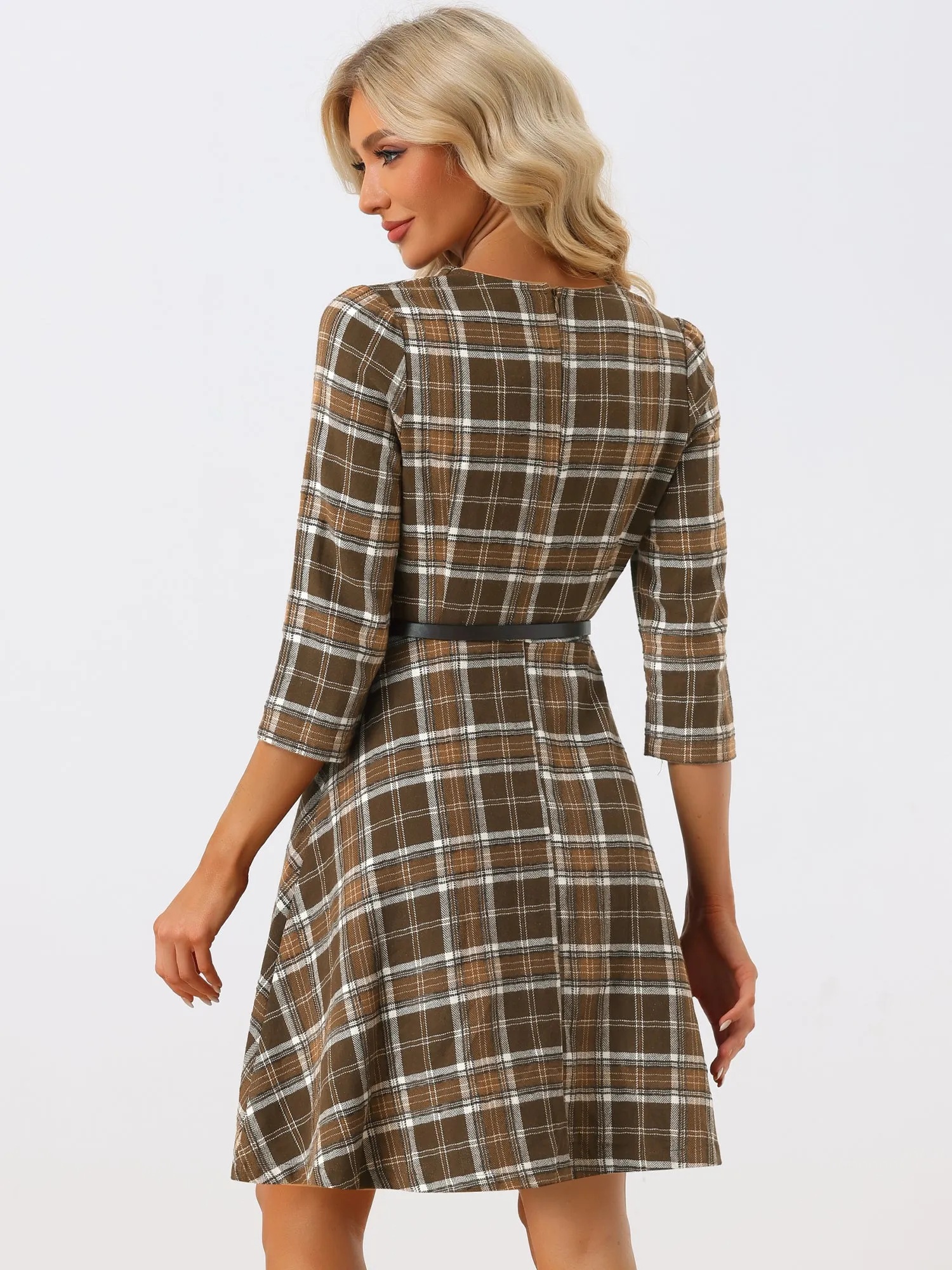 Retro Plaid V Neck 3/4 Sleeve Button Decor Belted A-Line Dress sold by Allegra K product image thumbnail 3