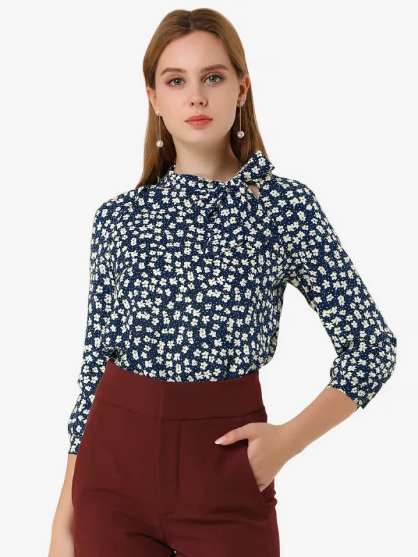 Elegant Tie Neck Long Sleeve Floral Print Blouse sold by Allegra K