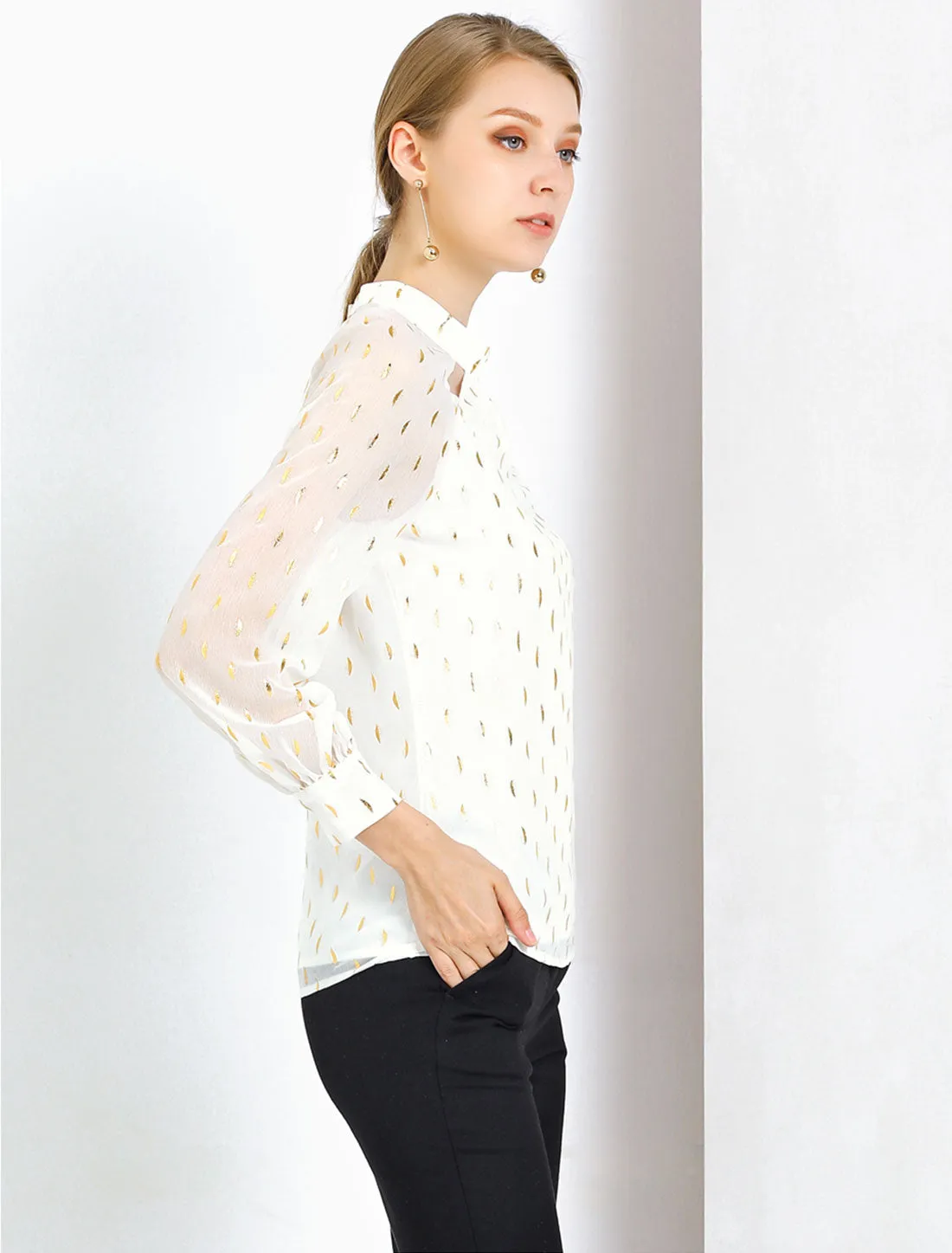 Sheer Mesh Long Sleeve Dots Printed Blouse Chiffon Cut Out Tops sold by Allegra K product image thumbnail 4