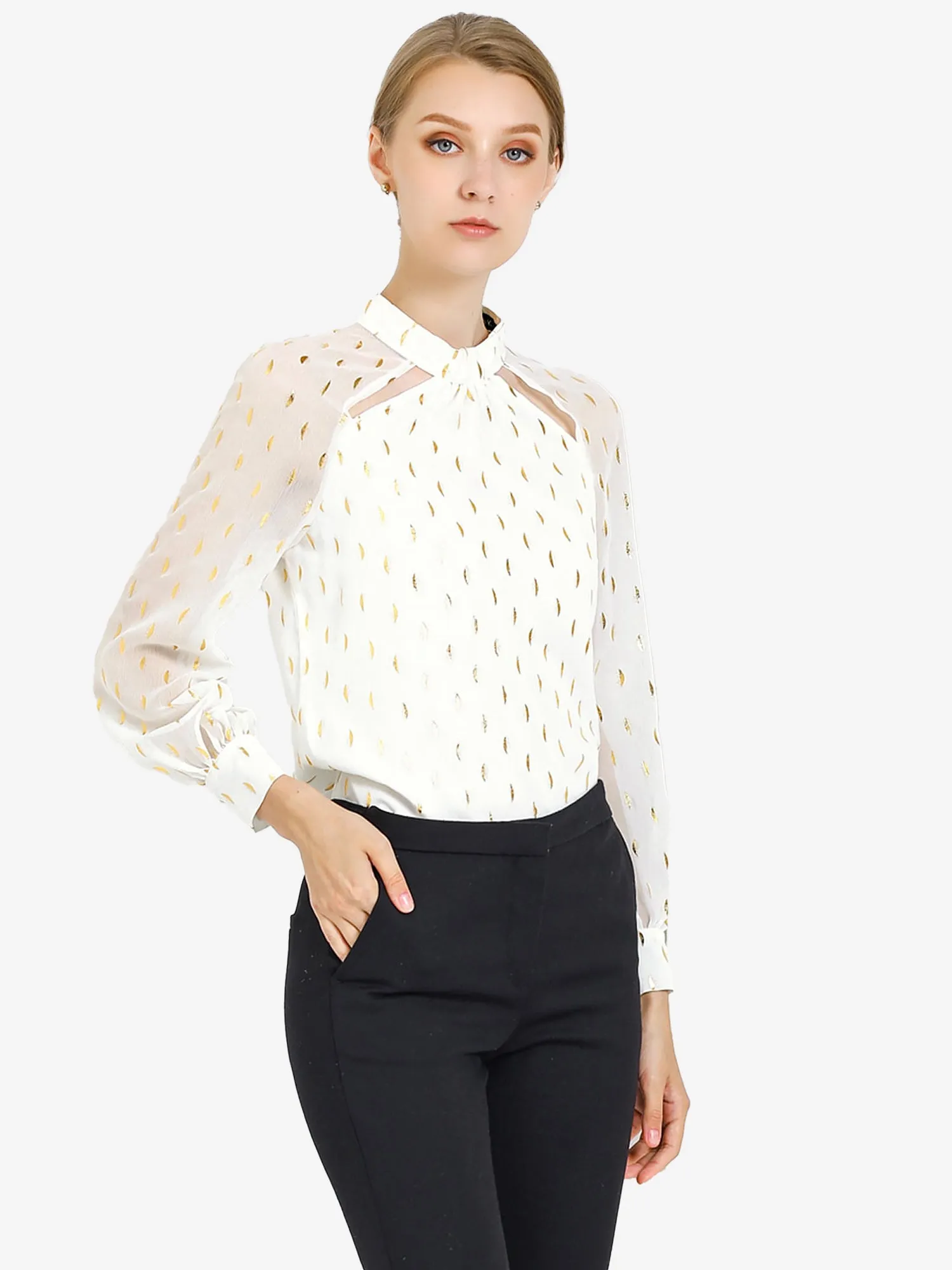Sheer Mesh Long Sleeve Dots Printed Blouse Chiffon Cut Out Tops sold by Allegra K