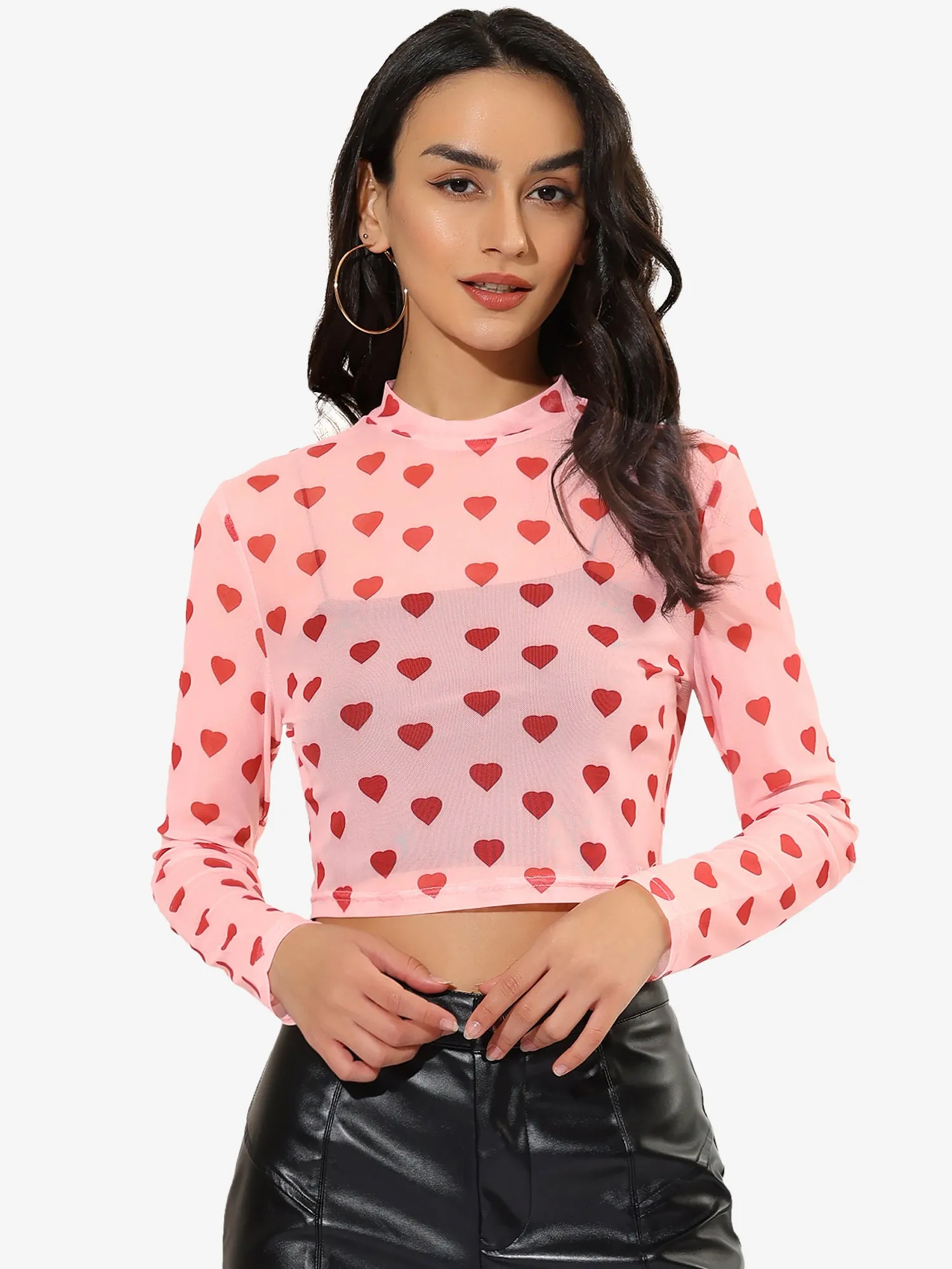Semi-Sheer Sexy Heart Mesh Crop Top Long Sleeve Blouse sold by Allegra K