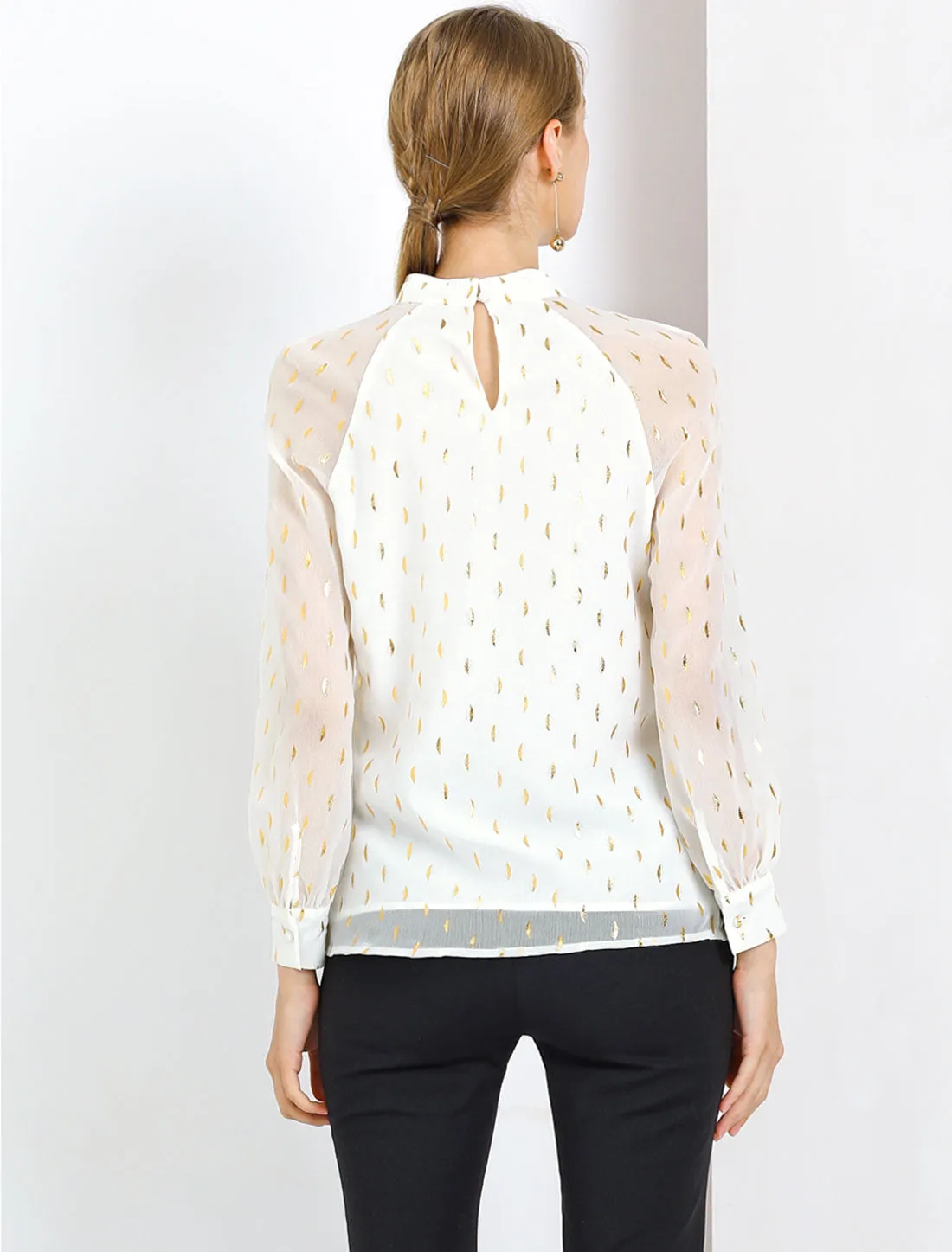 Sheer Mesh Long Sleeve Dots Printed Blouse Chiffon Cut Out Tops sold by Allegra K product image thumbnail 5