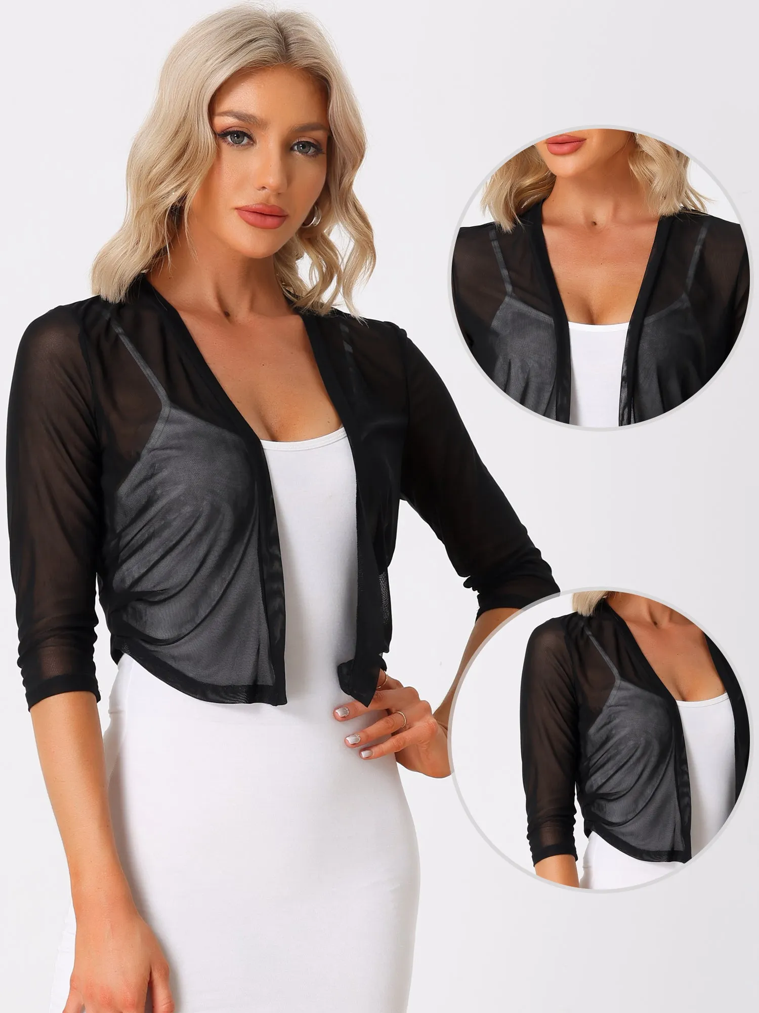Chiffon 3/4 Sleeve Open Front Bolero Mesh Sheer Shrug sold by Allegra K product image thumbnail 2
